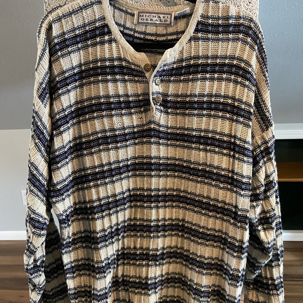 Vintage Men's Patterned Sweater - Navy and Cream